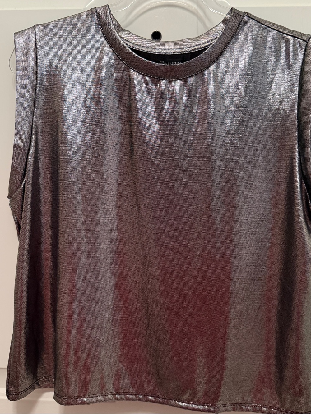 Verona Metallic Silver Gunmetal Sleeveless Top Womenโs Shimmer Blouse Size L